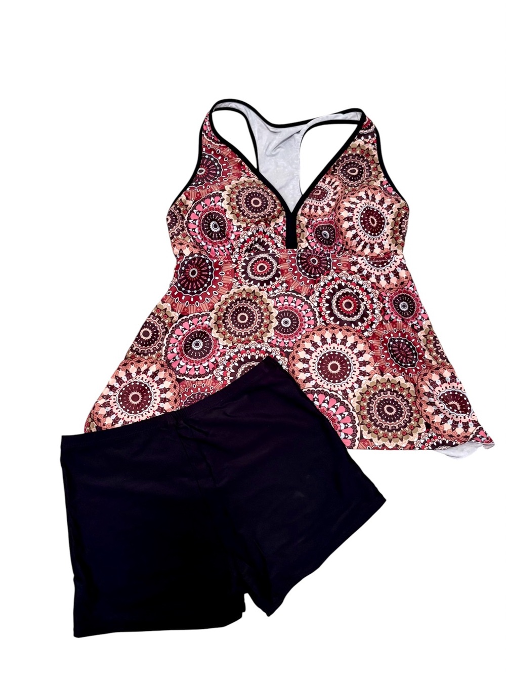 Women’s Pink Mosaic Tankini Swim Set with Black Shorts